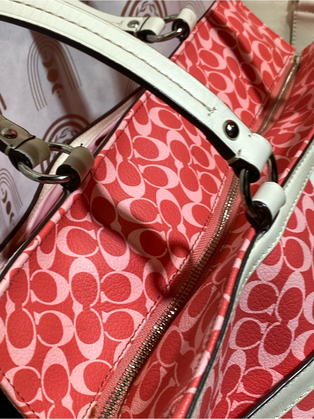 Coach Coral Pink Signature Stripe Tote with White Trim diaper bag - Picture 6 of 16